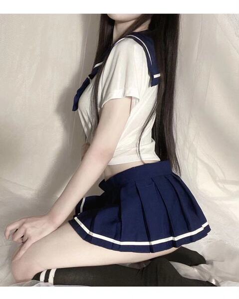 Sexy Mesh Role Play Lingerie Set - Cute Schoolgirl JK Uniform Skirt & Sailor Outfit for Nightclub & Cosplay - Blue and black socks with white stripes - school socks