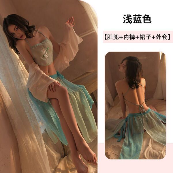 Sensual Hanfu-Inspired Lingerie Set – Sheer Silk Bustier & Matching Thong, Pure Allure Sleepwear - Light blue [bellyband + skirt + underwear + jacket]