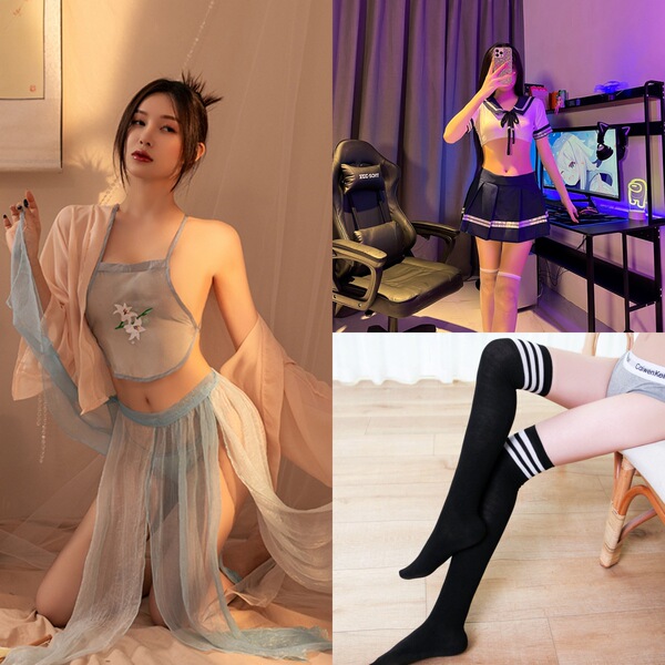 Chinese Traditional Embroidery Lingerie Set - Sheer Hanfu-Inspired Sleepwear & Seductive Bodice Outfit - Light blue halter top set + school uniform set, plus the same socks worn by the model.