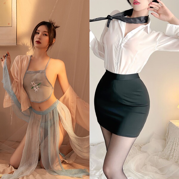 Chinese Traditional Embroidery Lingerie Set - Sheer Hanfu-Inspired Sleepwear & Seductive Bodice Outfit - Light blue halter top set + secretary outfit, plus the same socks worn by the model.
