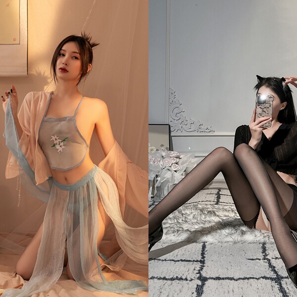 Chinese Traditional Embroidery Lingerie Set - Sheer Hanfu-Inspired Sleepwear & Seductive Bodice Outfit - Light blue halter top set + black pantyhose