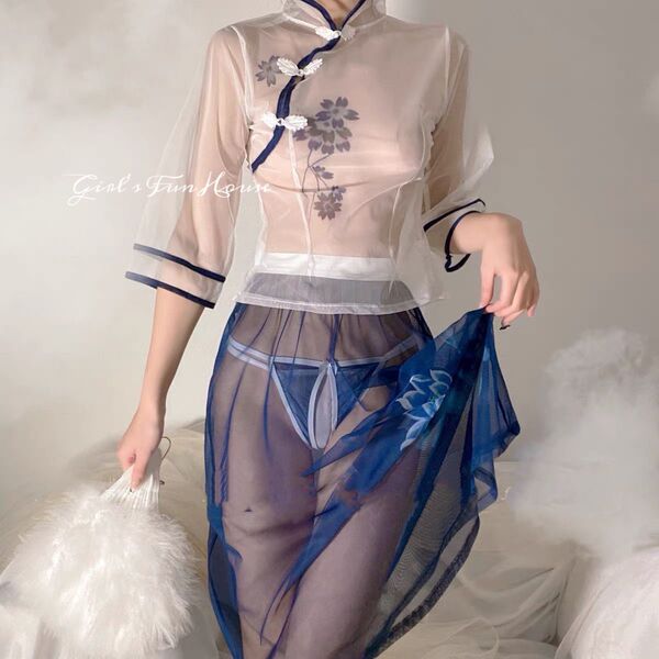 Vintage Chinese Lace Cheongsam Lingerie Set - Sheer Mesh Retro Hanfu-Inspired Erotic Costume for Women - Blue [Cheongsam + T-shirt]