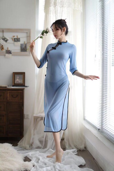 Mannyqing Seductive Sheer Cheongsam Sleep Dress - Sexy Side-Slit Lingerie Nightgown for Women - Blue long cheongsam dress + white stockings