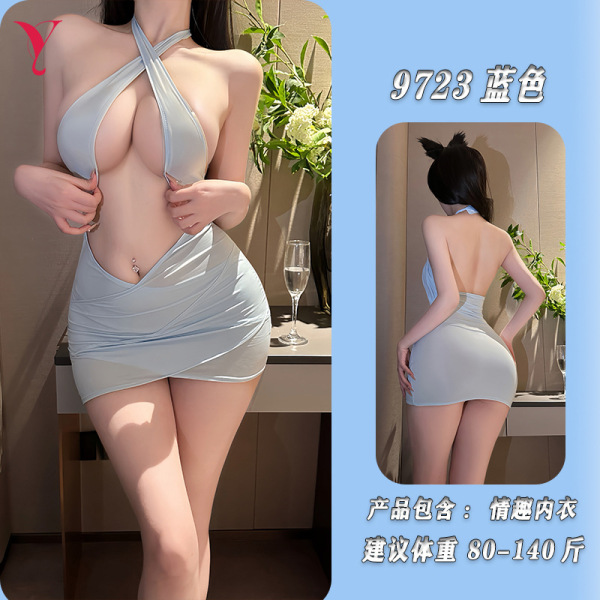 Night Silk Sensual Sheer Bodycon Nightdress - Backless Tempting Sleep Dress with Chest Cutout - Blue [dress + T-shirt]