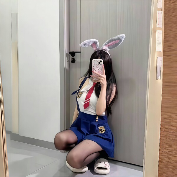 Student Uniform Lingerie Set - Sexy JK School Outfit with Skirt, No-Remove Bedroom Style - Blue [Excludes stockings and ears]