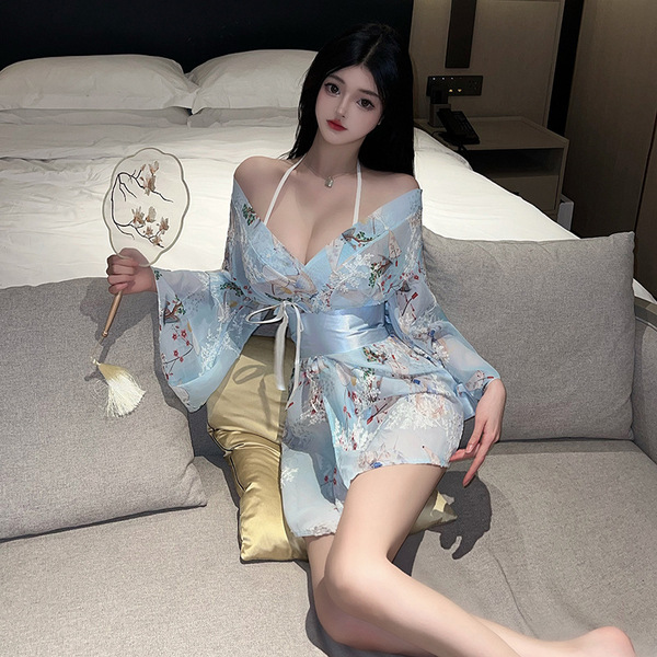 Japanese Kimono Sleepwear Set - Sexy Lace Yuki Robe & Bow Pajamas for Women, Adult Costume Lounge Wear - Blue floral kimono set [socks not included]