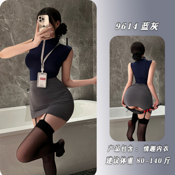 NightSigh NightSeduce Secretarial Lingerie Set – Sleek Office Uniform Dress with Tight Pencil Skirt & Busty Allure - blue-gray