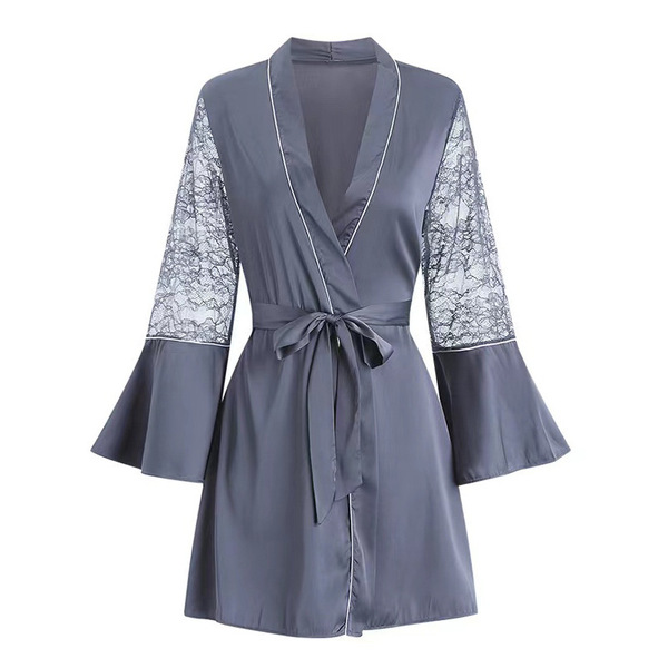 Plus Size Sexy Lace Sleepwear Set - Busty Women's Adjustable Cami Nightgown with Built-in Padded Bra, 200 lb Friendly - blue-gray outer robe