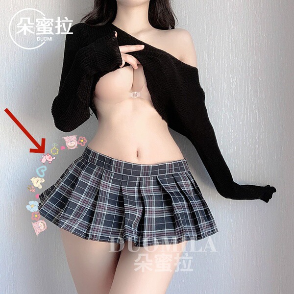 Domila Sexy Lingerie Set - Cute Schoolgirl JK Sweater Uniform with Sheer Mesh Design for Women - Single shot - Blue plaid mini skirt