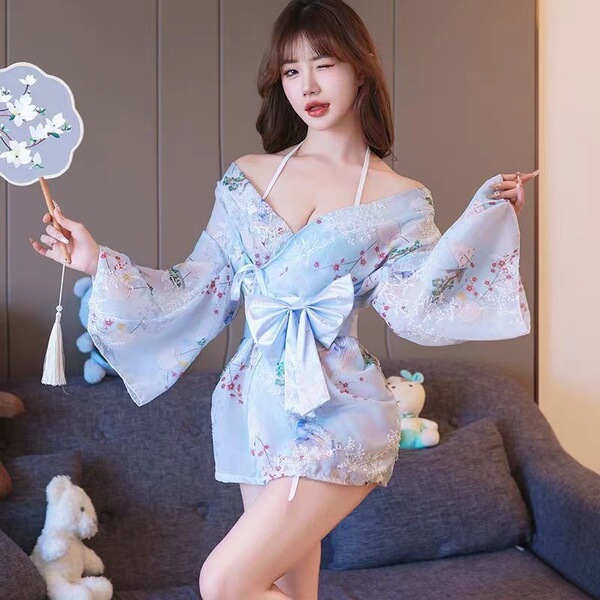Japanese Maid Outfit Set - Sexy Cosplay Lingerie, Kimono Style JK Uniform & Seductive Sleepwear for Women - Blue kimono (bra, underwear, outer garment, belt)