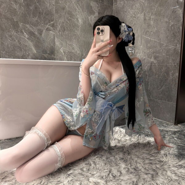 Yaseyese Japanese-Inspired Lingerie Set – Seductive Kimono-Style Sleepwear & Roleplay Costume for Small Bust - Blue kimono + matching lace stockings