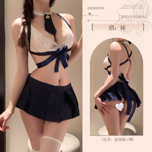 Pure & Playful Lingerie Set - Sexy JK-Inspired Sleepwear for Women, Cute Student-Style Intimate Outfit - Blue JK uniform [top + pleated skirt + tie] + black stockings