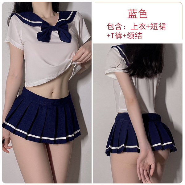 Sexy Innocent Schoolgirl Lingerie Set - Pleated Mini Skirt Costume Outfit for Role Play & Cosplay - Blue [Socks not included]