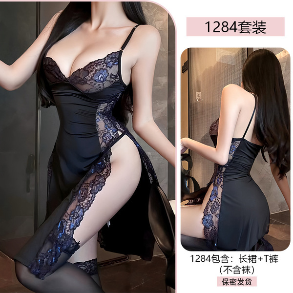 Yiyue Sexy Lace Lingerie Dress for Women – High-Slit Nightclub Outfit & Easy-Off Sleepwear - Blue lace + black