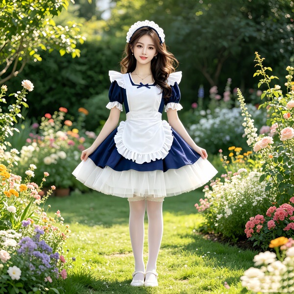 Adorable Bow Cosplay Dress - Student Maid Outfit & Lolita Style Daily Dress for Girls - Blue Lolita dress + free apron + free headpiece + free petticoat