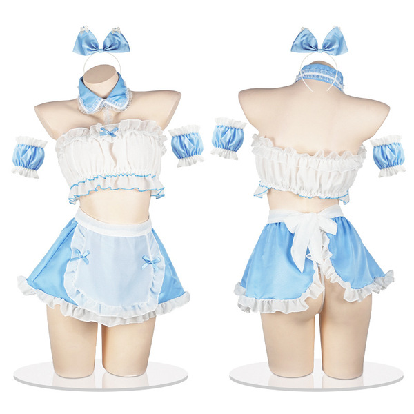 Blue lolita maid costume for women featuring a charming uniform with ruffled details, bows, and playful design elements perfe...