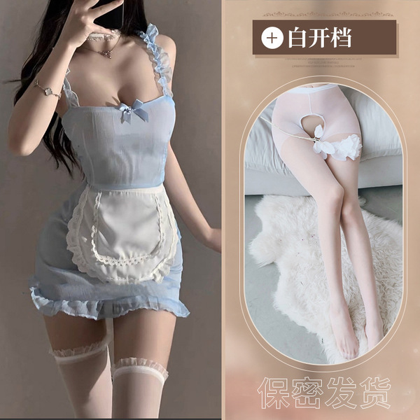 Sexy Maid Costume Lingerie Set - Seductive Busty Sleepwear Outfit for Women, Pure & Tempting Uniform Style - Blue maid outfit + white open-crotch stockings