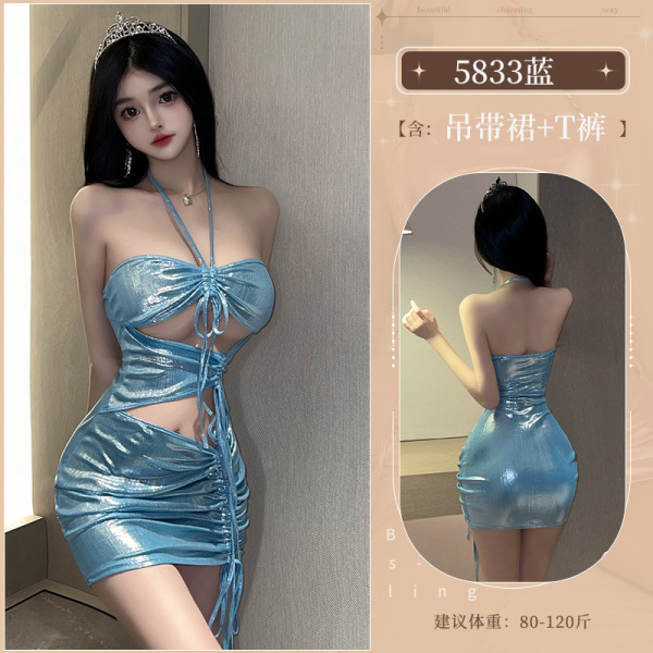 Liruru Sexy PVC Lace Halter Bodycon Mini Dress - Shiny Sheer Cut-Out Boudoir Outfit for Women - blue