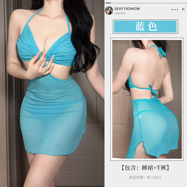 Pure & Seductive Lace Bodysuit Dress - French-Style Cutout Wrap Mini Dress with Neck Tie, No-Remove Set for Women - blue