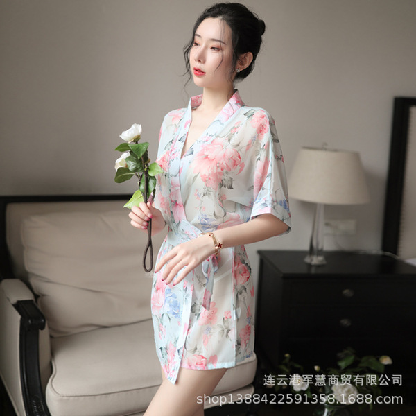 Women's New Sensual Sheer Chiffon Sleepwear Set - Japanese Kimono-Inspired Lingerie Outfit, Plus Size Temptation Ensembl - Dark blue