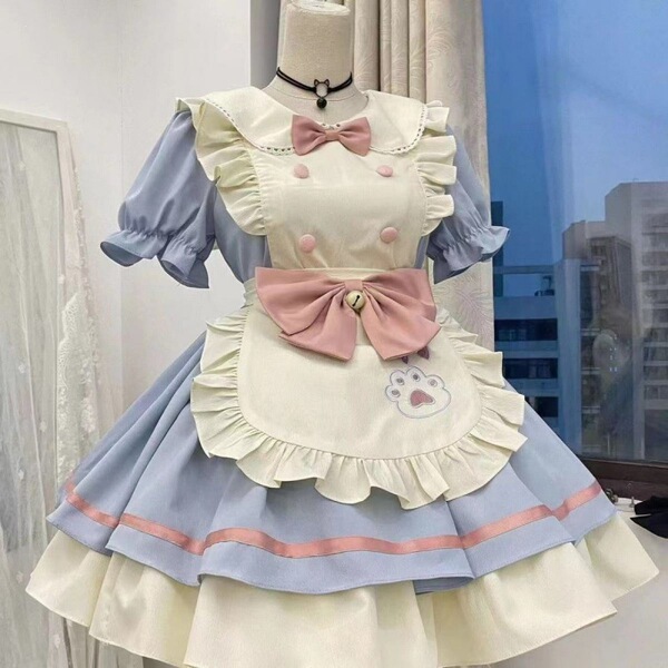 Maid Costume Cosplay Dress - Cute Student Lolita Outfit for Women, Plus Size Anime Dress with Petticoat Set - Blue and pink OP (includes apron and bow) + white socks