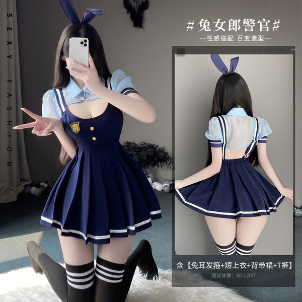 Mannyan Cute Bunny Girl JK Uniform Set - Sexy Sweet School Skirt & Suspender Outfit for Women - Blue [Bunny ear headband + crop top + suspender skirt + thong]