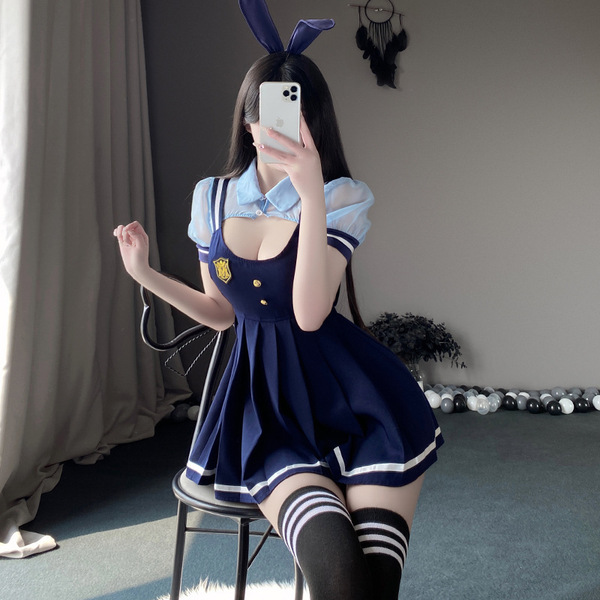 Pure & Sexy Lingerie Set – JK Pleated Suspender Skirt, Bunny Girl & Police Officer Costume, School Uniform Style - Blue [Bunny ears + top + suspender skirt + T-shirt]
