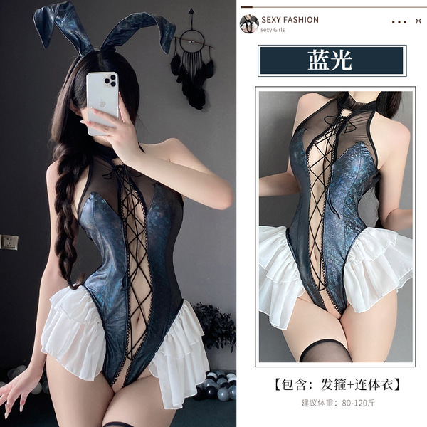 Lintlina Sexy Open-Crotch Bodysuit Rabbit Costume - Seductive Bunny Outfit for Women - Blue light