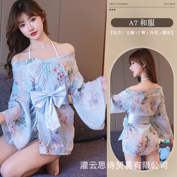 Japanese-Style Sheer Kimono Lingerie Set – Sensual Lace Trimmed Sleep Dress & Open-Front Robe for Women - Blue Enchantress Kimono