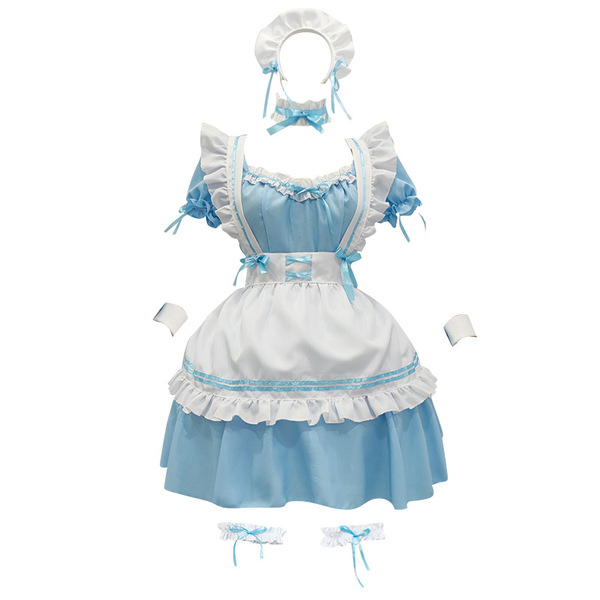 Miracle Nikki World Tour Lolita Maid Dress - Cute Anime Costume Outfit for Cosplay & Fashion - Blue dress + apron + necklace + bracelet + leg ring + headdress
