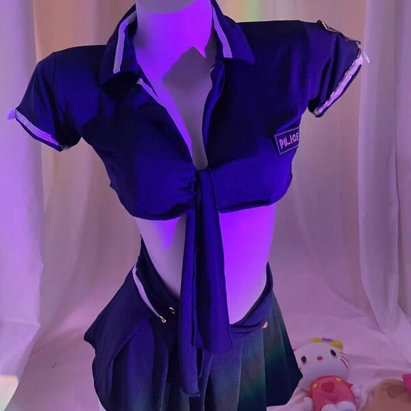Sexy Flight Attendant Costume Set - Seductive Sailor & Secretary Uniform Sleepwear for Role Play & Intimate Nights - Blue outfit (top + skirt + T-shirt)