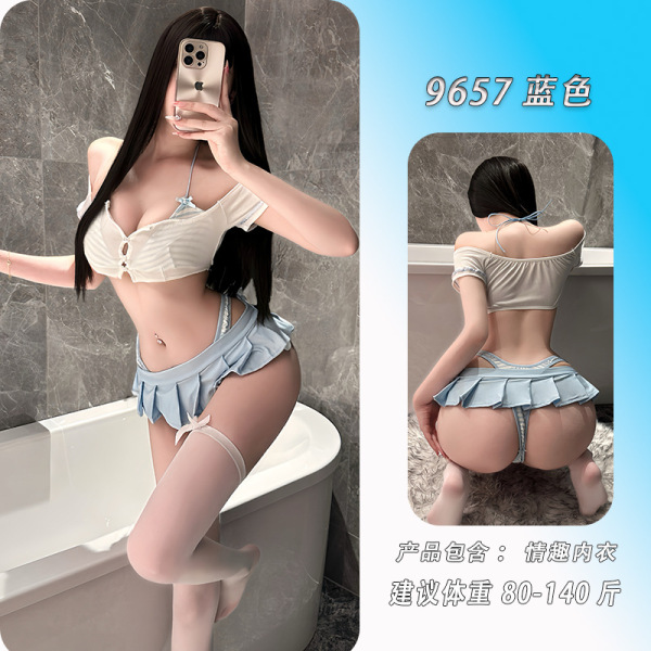 NightSiSexy Lingerie Set – Pure & Tempting Crop Top & Mini Pleated Skirt Outfit, Seductive Uniform Style - Blue top + skirt + underwear + matching stockings