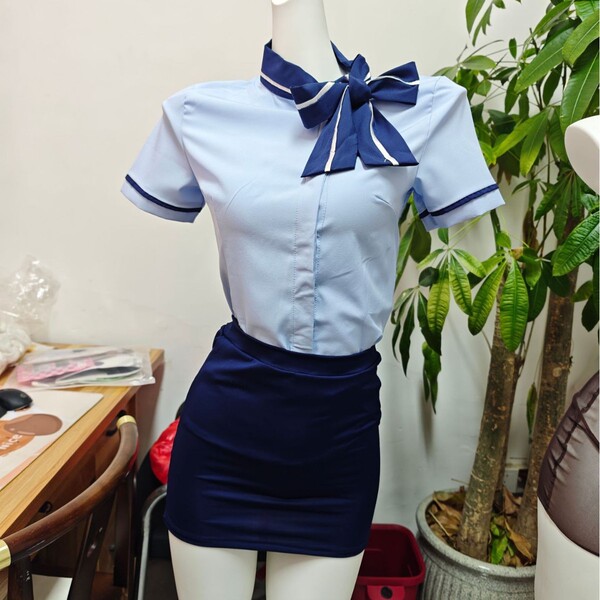 Domiela Sexy Air Hostess Costume for Women – Seductive Secretary Role Play Outfit, Professional Lingerie Set - Blue + open-crotch socks