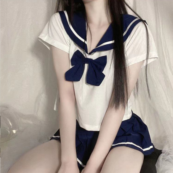 Sexy Sailor Outfit Lingerie Set - Cute Pure & Tempting Schoolgirl JK Uniform for Small Busts, Sheer Soft Kawaii Costume - Blue (socks not included)