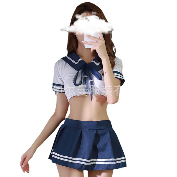 Sexy Schoolgirl JK Uniform Set - Flirty Pleated Skirt, Role Play Lingerie Outfit for Adults - Blue school uniform + white stockings