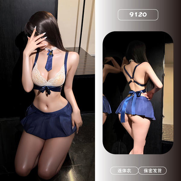 Cute Jk Uniform Set - Sexy Student Skirt with Lace Trim, Short Pleated Mini Skirt for Role Play & Cosplay - Blue [Tie + Shirt + Skirt + T-shirt]