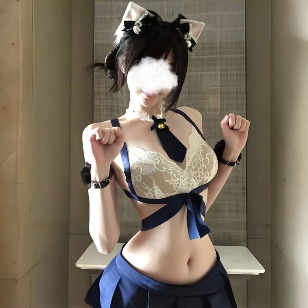Domoila Sexy Student-Style Mini Pleated Skirt Set - Cute JK Uniform Lingerie for Small Bust - Blue [Tie + Shirt + Skirt + T-shirt]