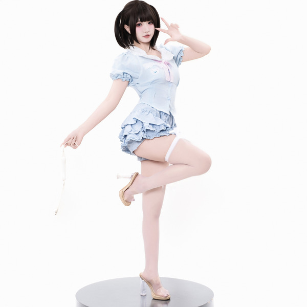 A stylish figure wearing a blue sweet-play lingerie skirt, featuring flirty cupcake design, high-waist slimming fit, and femi...