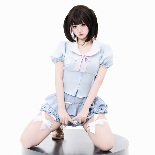 A cute anime-style character wearing a blue sweet-play lingerie skirt, featuring flirty cupcake design, high-waist slimming f...