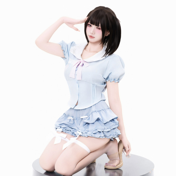 A cute character wearing a blue sweet-play lingerie skirt, featuring flirty cupcake design, high-waist slimming fit, and femi...