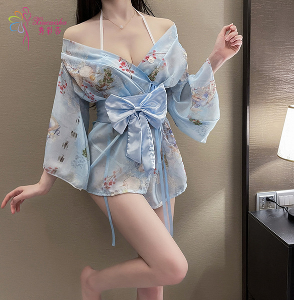 Seductive Kimono-Style Lingerie Set - No-Remove Tease Outfit for Date Night & Bedroom Passion - (Blue) Top + Belt + Bra + T-shirt