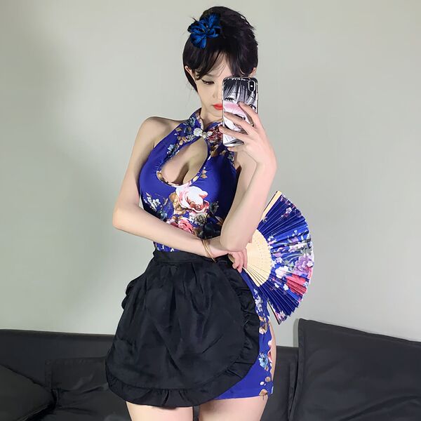 Soft Silk-Look Chinese Qipao Lingerie Set - Elegant & Sensual Traditional-Inspired Nightwear - Bright blue and white apron