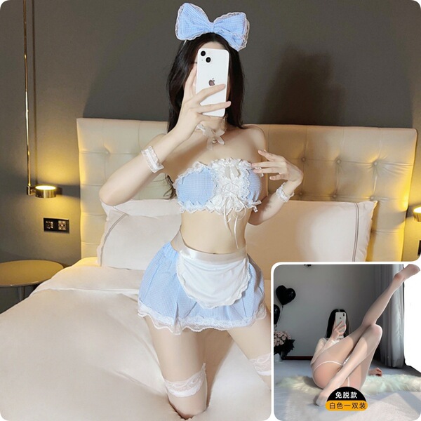 Cute Maid Costume Lingerie Set - Sexy Cosplay Sleepwear for Small Bust, Schoolgirl & Housemaid Fantasy Outfit - Blue suit + white open-crotch stockings + flirtatious arm warmers