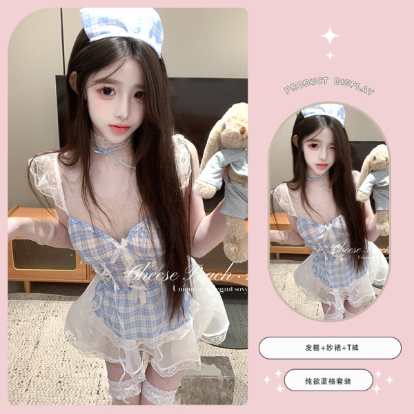 Sensual Deep V Lace Sheer Maid Outfit - Plaid Mini Skirt & Strap Top Set, Pure & Tempting Lingerie - Blue and white headband + tulle skirt + thong + white stockings
