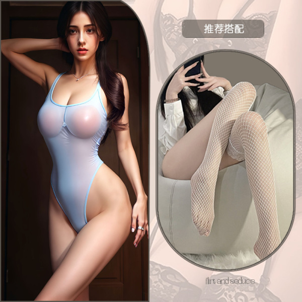 Japanese-Style Sexy Bikini Set - Flirty Open-Crotch Swimwear for Women, Pure Temptation Lingerie - Blue and white fishnet stockings