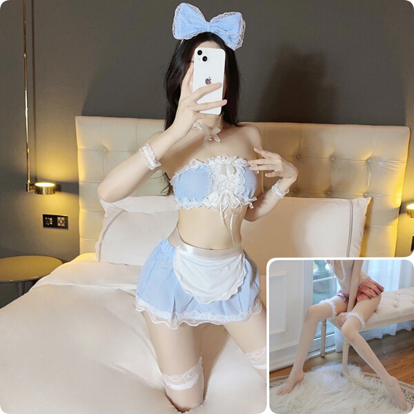 Cute Maid Costume Lingerie Set - Sexy Cosplay Sleepwear for Small Bust, Schoolgirl & Housemaid Fantasy Outfit - Blue suit + white fishnet stockings