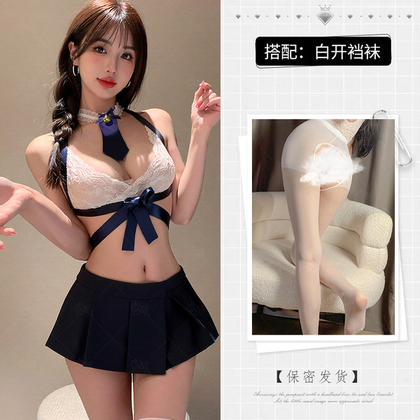 Zimei Sexy Nightwear Set - Cute Student-Style Mini Pleated Skirt & Top Outfit for Small Bust - Blue and white open-crotch socks