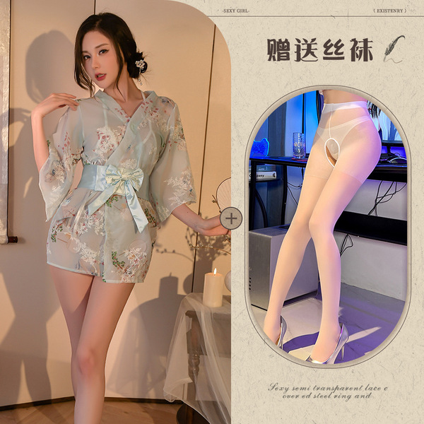 Japanese Kimono Lingerie Set - Sexy Sheer Play Costume with Floral Print, Roleplay Outfit for Adults - Blue and white open-crotch socks