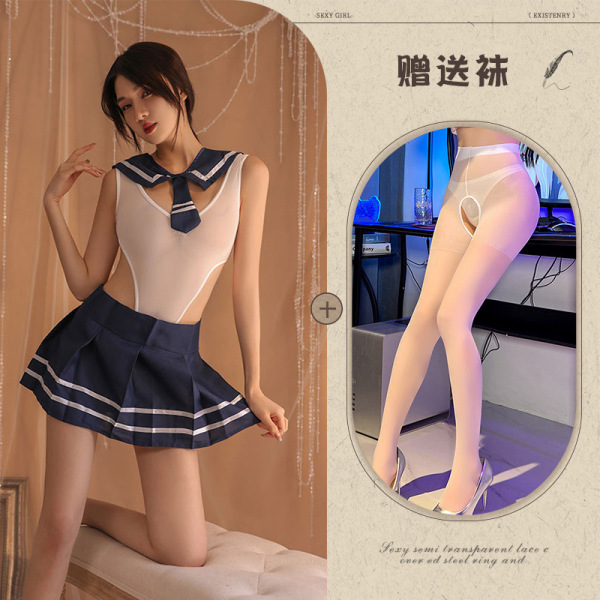Qiaozhiqing Seductive Modest Lingerie Set - Two-in-One Schoolgirl JK Dress with Matching Handcuff Accessories - Blue and white open-crotch socks
