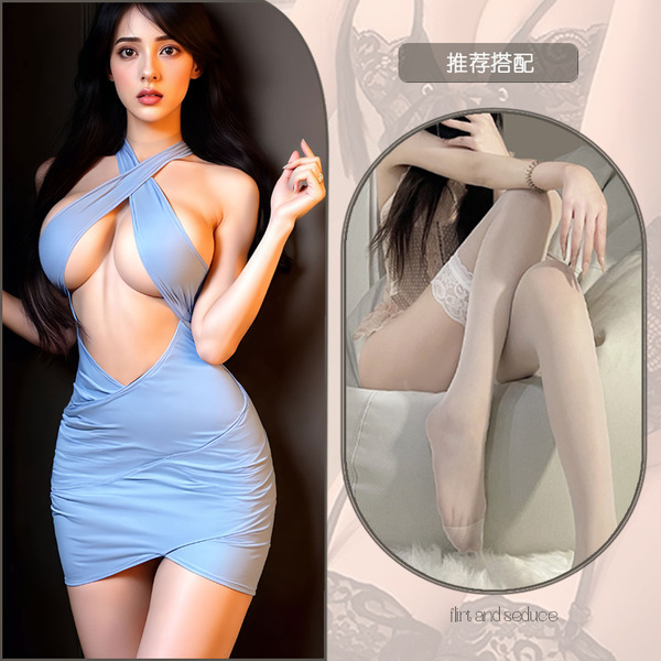Flirty Secretary Lace Sleep Dress - Sheer OL Seductive Nightgown with Chest-Revealing Cutout & Bodycon Fit - Blue and white stockings